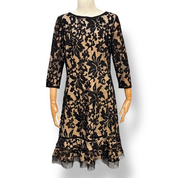 Tadashi Shoji Size 10 A-Line Midi Dress Black Corded Embroidery Tulle Overlay - Picture 2 of 10